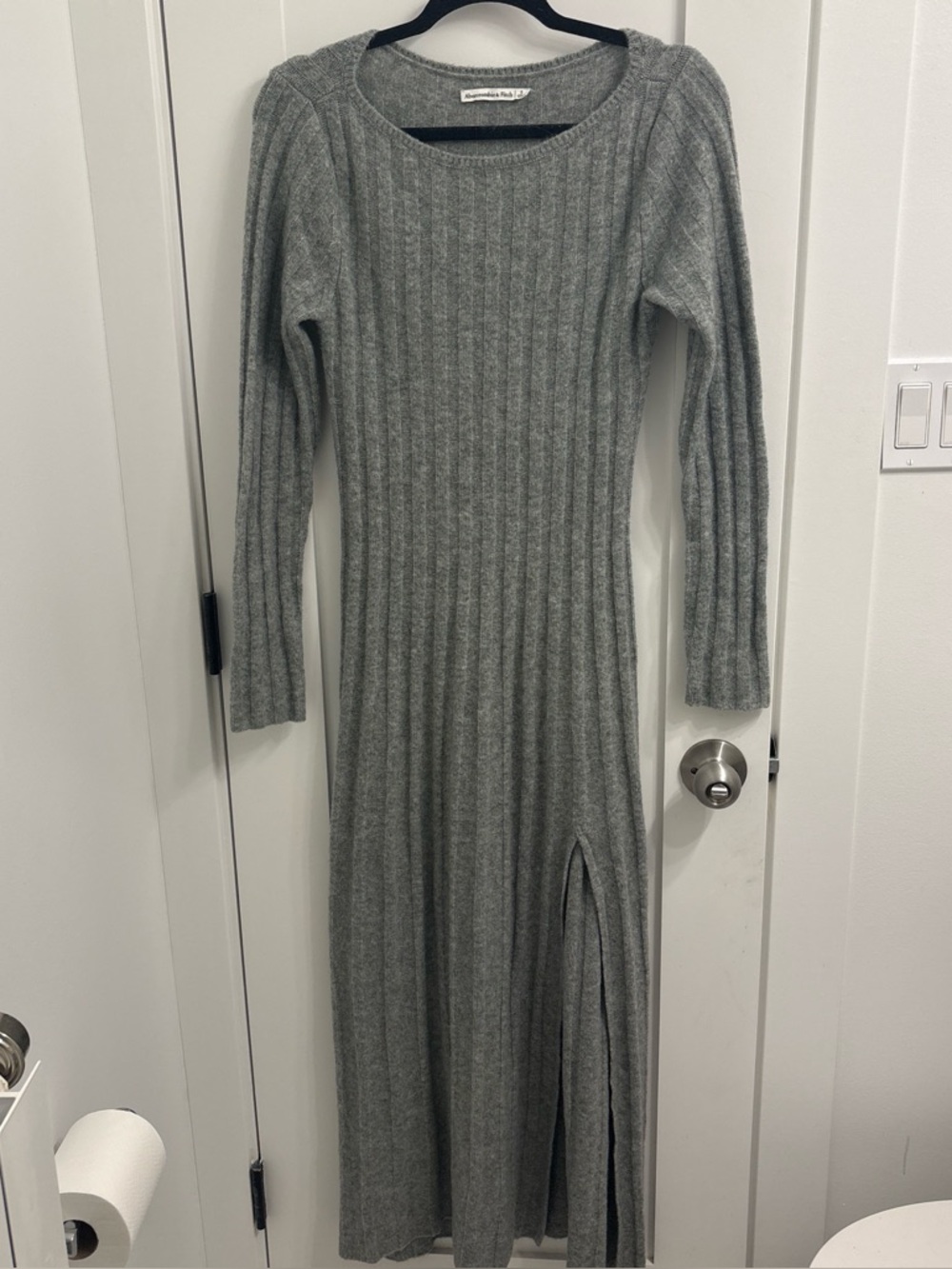Abercrombie & Fitch Gray Ribbed Long-Sleeve Maxi Dress with Side Slit